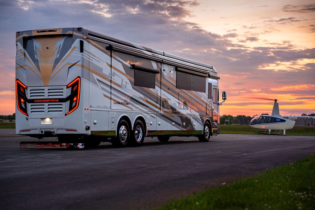 Rear exterior of the Cornerstone Series 6 on a sunset airfield