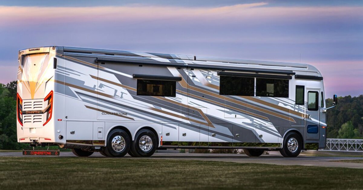 Tiffin Cornerstone Series 6 motorhome at dusk